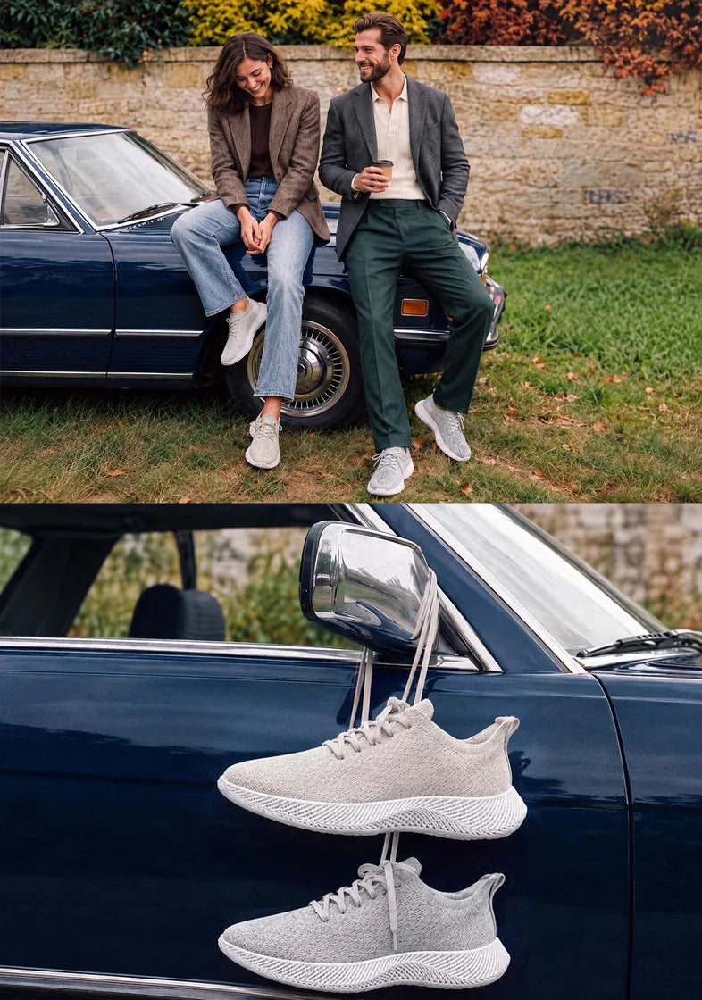 Una coppia seduta su un'auto d'epoca con sneaker Braidge stampate in 3D, e un paio appeso allo specchietto