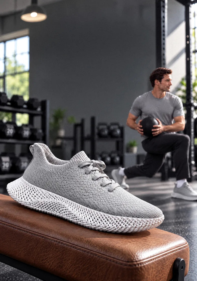 Una sneaker Braidge stampata in 3D su una panca da palestra, con un uomo che si allena con le Braidge sullo sfondo
