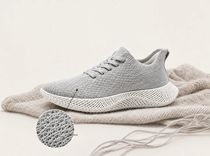 Braidge sneaker on a wool knit, with a close-up of the knit upper