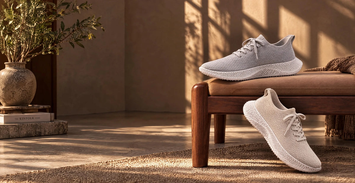 Zwei Nexbie Braidge 3D-gedruckte Sneaker auf einer Holzbank im warmen Abendlicht