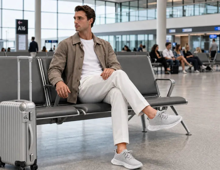 Hombre sentado en una sala de espera del aeropuerto con zapatillas Braidge grises