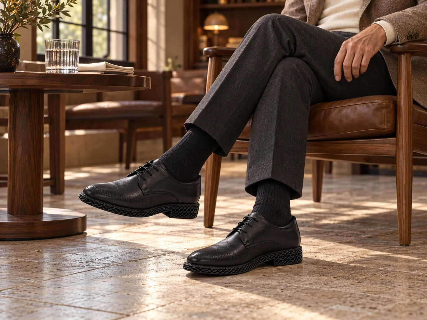 Seated man in grey trousers wearing black Derby shoes with a lattice sole